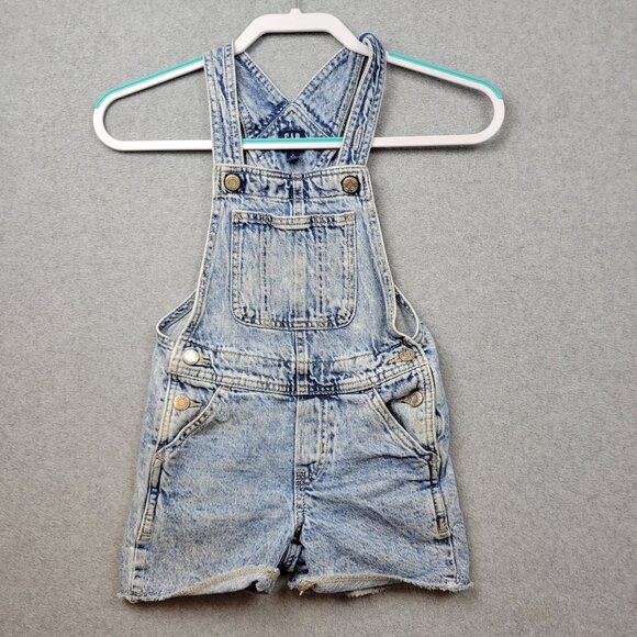 GAP Shortalls Kids Girls Small 6-7 Medium Wash Raw Hem Distressed Overalls - Picture 1 of 9